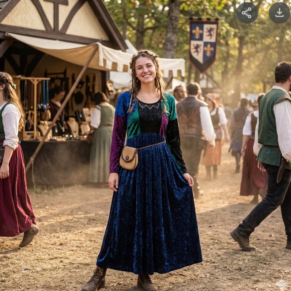 VTG CIRCLE T Crushed Velvet Maxi Dress M Long Sleeve Medieval Whimsigoth Witchy